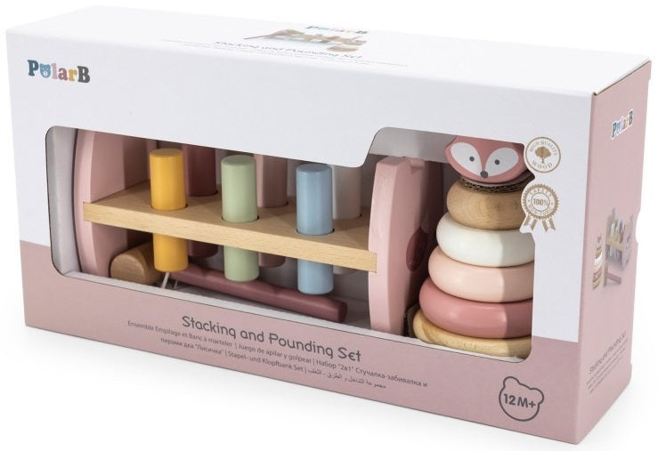 סט מגדל טבעות 6 חלקים + הך פטיש 6 פינים עם פטיש מעץ מלא - שועל ורוד