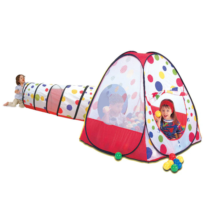 אוהל משחק עם מנהרה ו- 100 כדורים צבעוניים