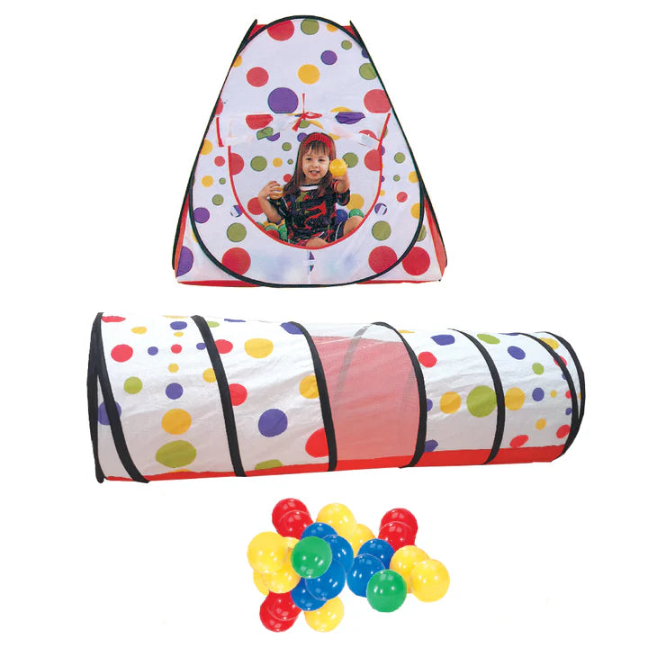 אוהל משחק עם מנהרה ו- 100 כדורים צבעוניים