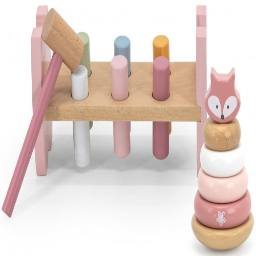 סט מגדל טבעות 6 חלקים + הך פטיש 6 פינים עם פטיש מעץ מלא - שועל ורוד