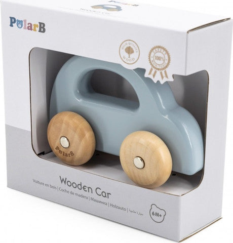 מכונית עם גלגלים מסתובבים מעץ מלא - תכלת