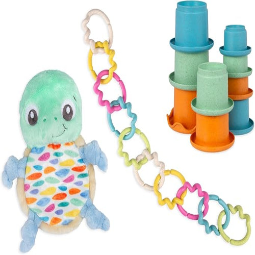 מארז צעצועים אקולוגיים לתינוק - בובת צב, מגדל כוסות וטבעות משחק