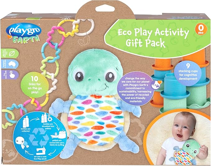 מארז צעצועים אקולוגיים לתינוק - בובת צב, מגדל כוסות וטבעות משחק