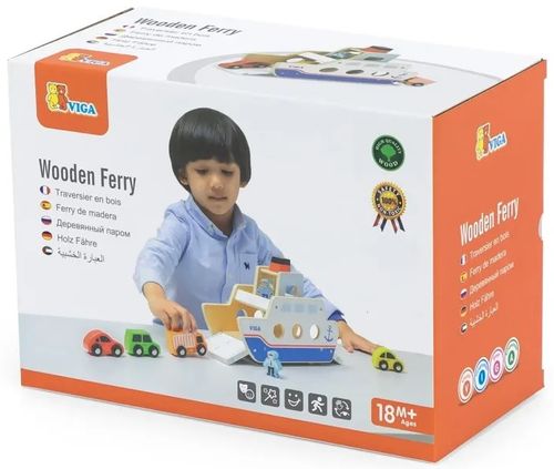 סירת מעבורת מעץ עם גלגלים, רמפות נפתחות, 2 דמויות משחק ו 4 כלי רכב