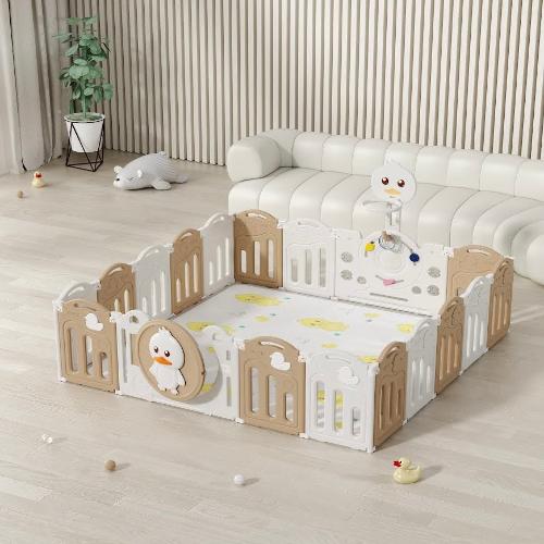 גדר פעילות מתקפלת לילדים ותינוקות מידה XXL בצבע נס קפה - (207X200 ס"מ) - כולל משטח פעילות תואם למידות הגדר במתנה!