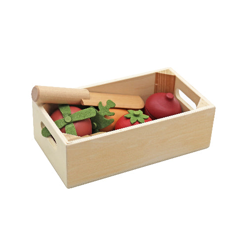 סט ירקות למשחק כולל סכין חיתוך, שקית בד וקופסה רב פעמית מעץ