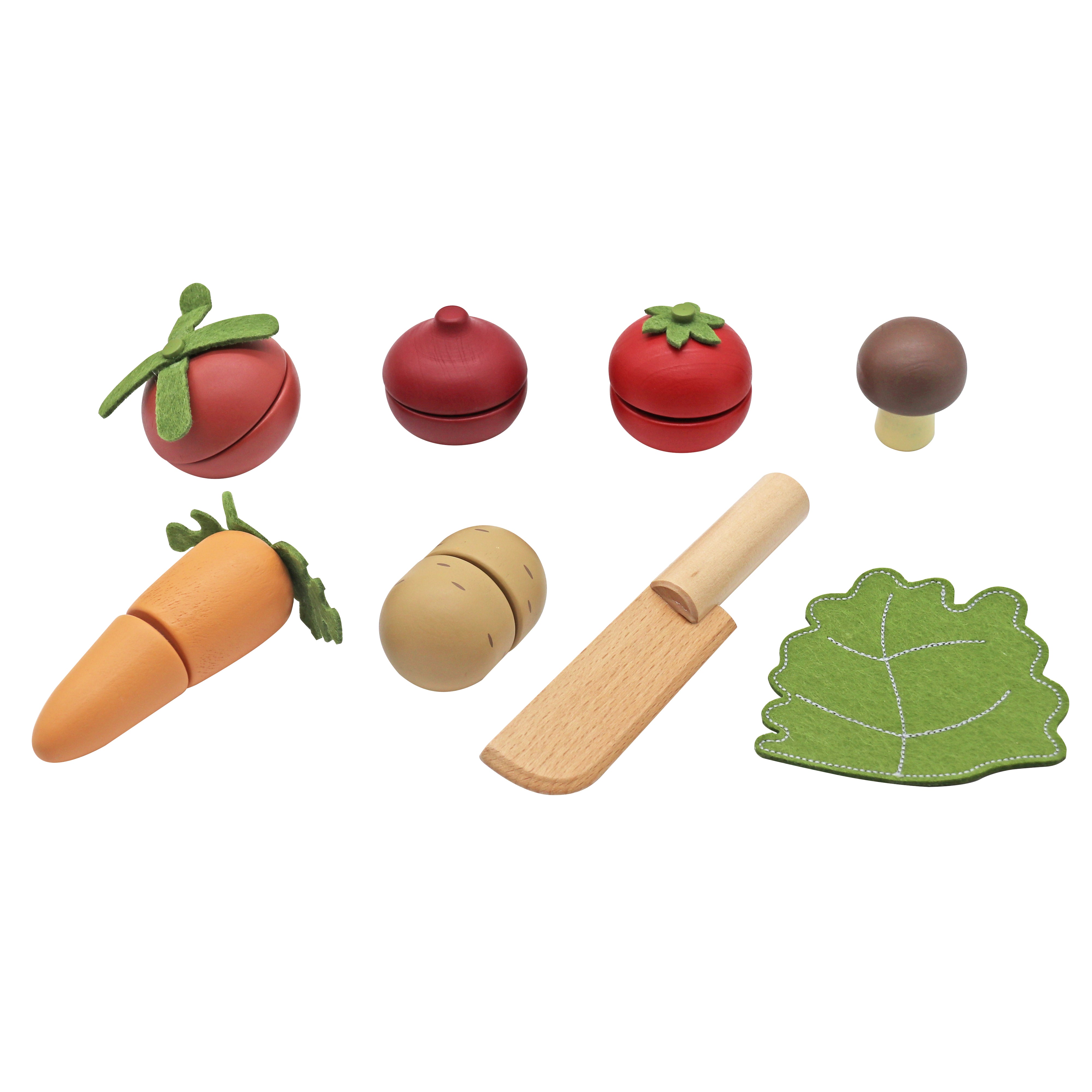 סט ירקות למשחק כולל סכין חיתוך, שקית בד וקופסה רב פעמית מעץ
