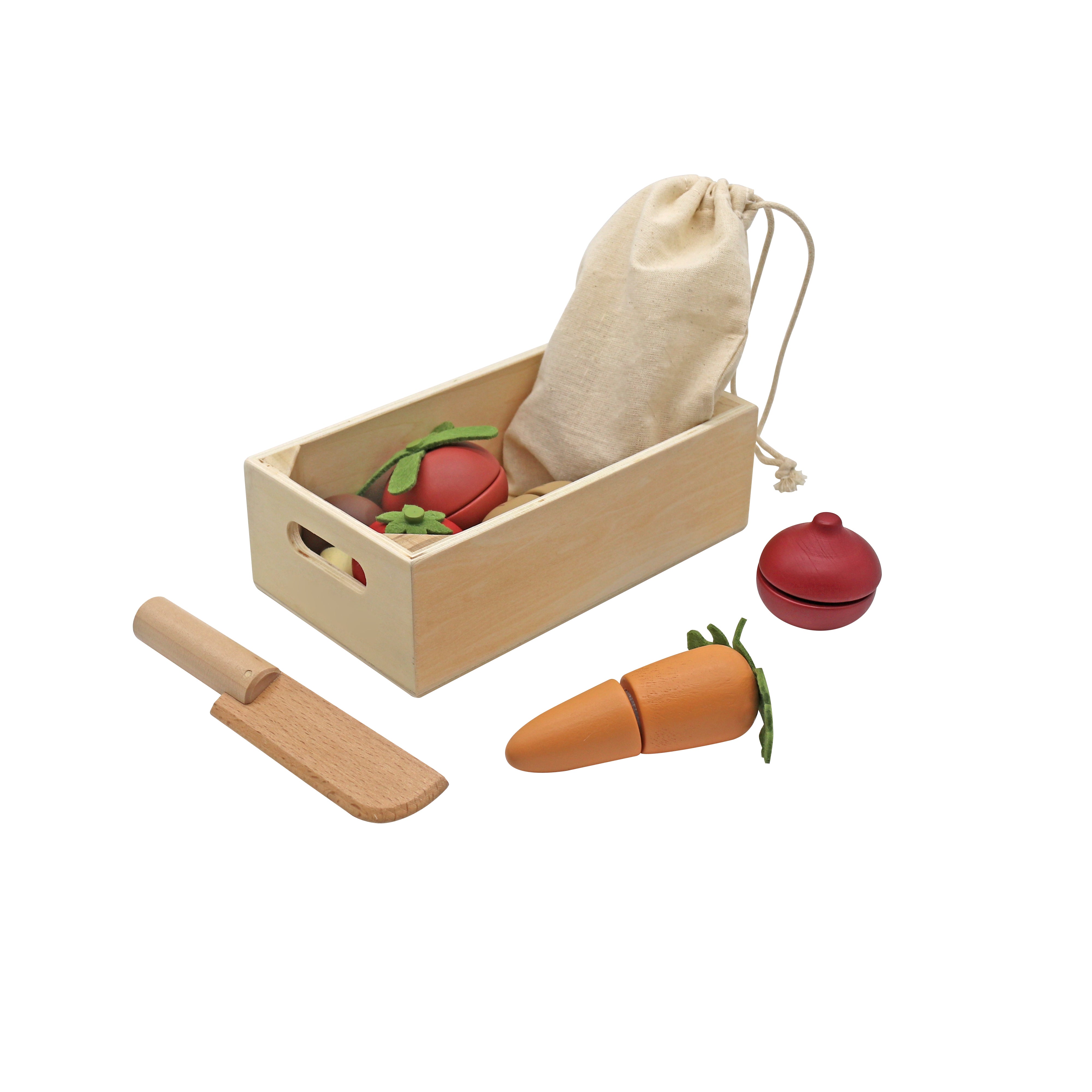 סט ירקות למשחק כולל סכין חיתוך, שקית בד וקופסה רב פעמית מעץ
