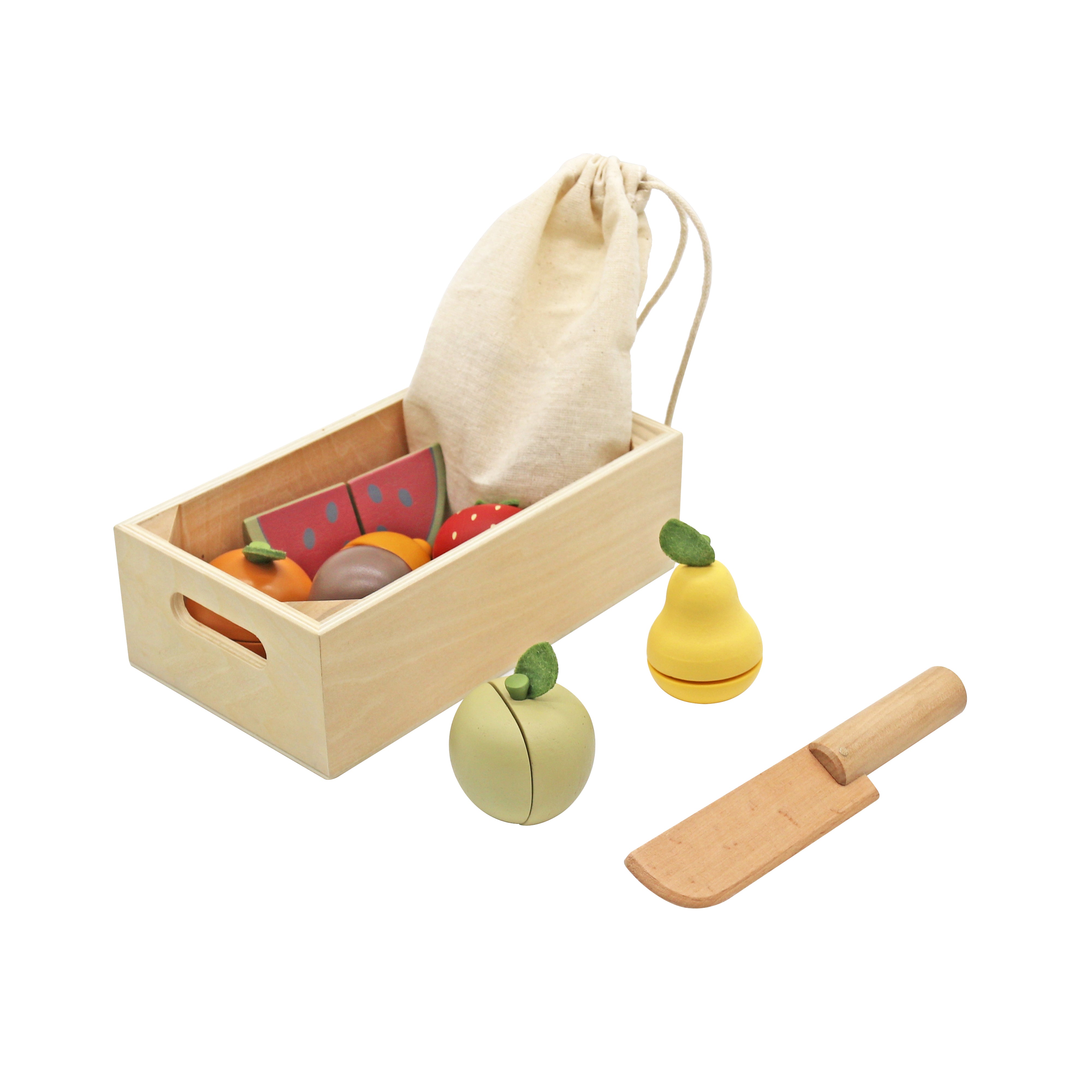 סט פירות למשחק כולל סכין חיתוך, שקית בד וקופסה רב פעמית מעץ
