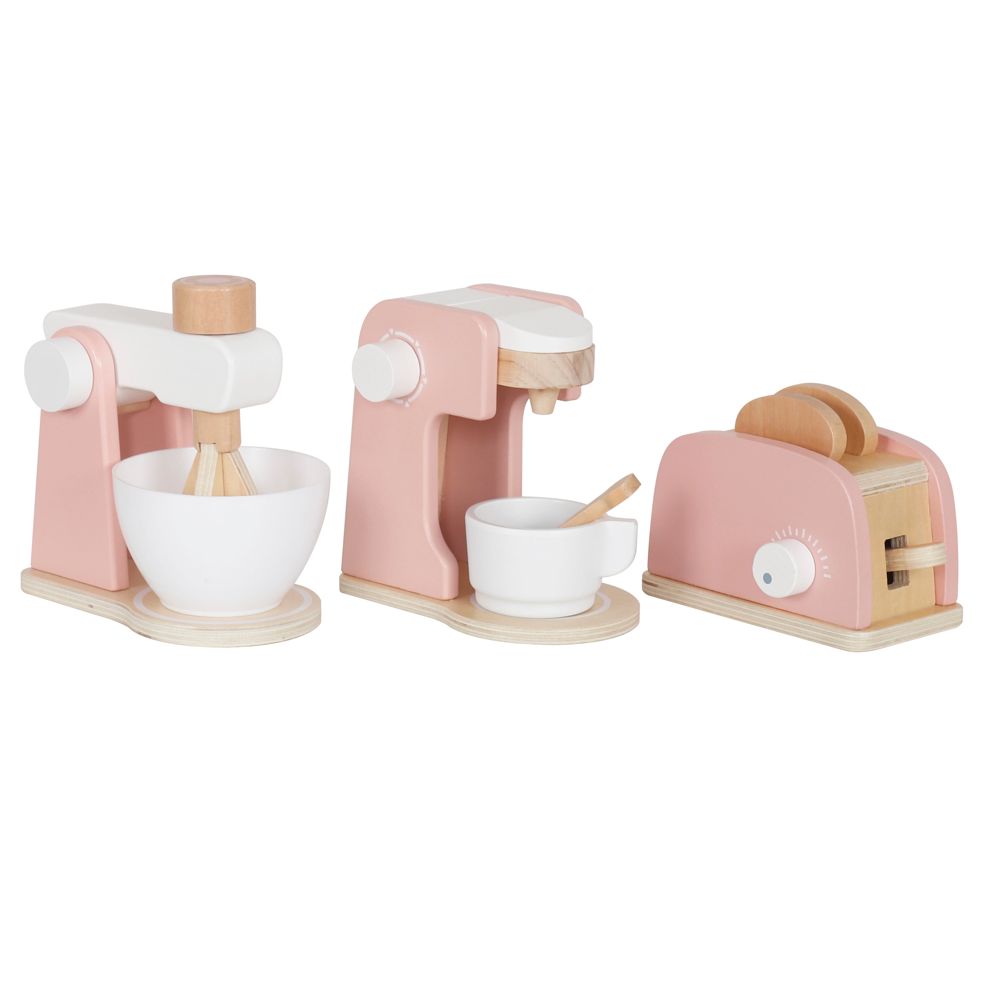 סט 3 אביזרים למטבח הכולל מיקסר, טוסטר ומכונת קפה מעץ - ורוד
