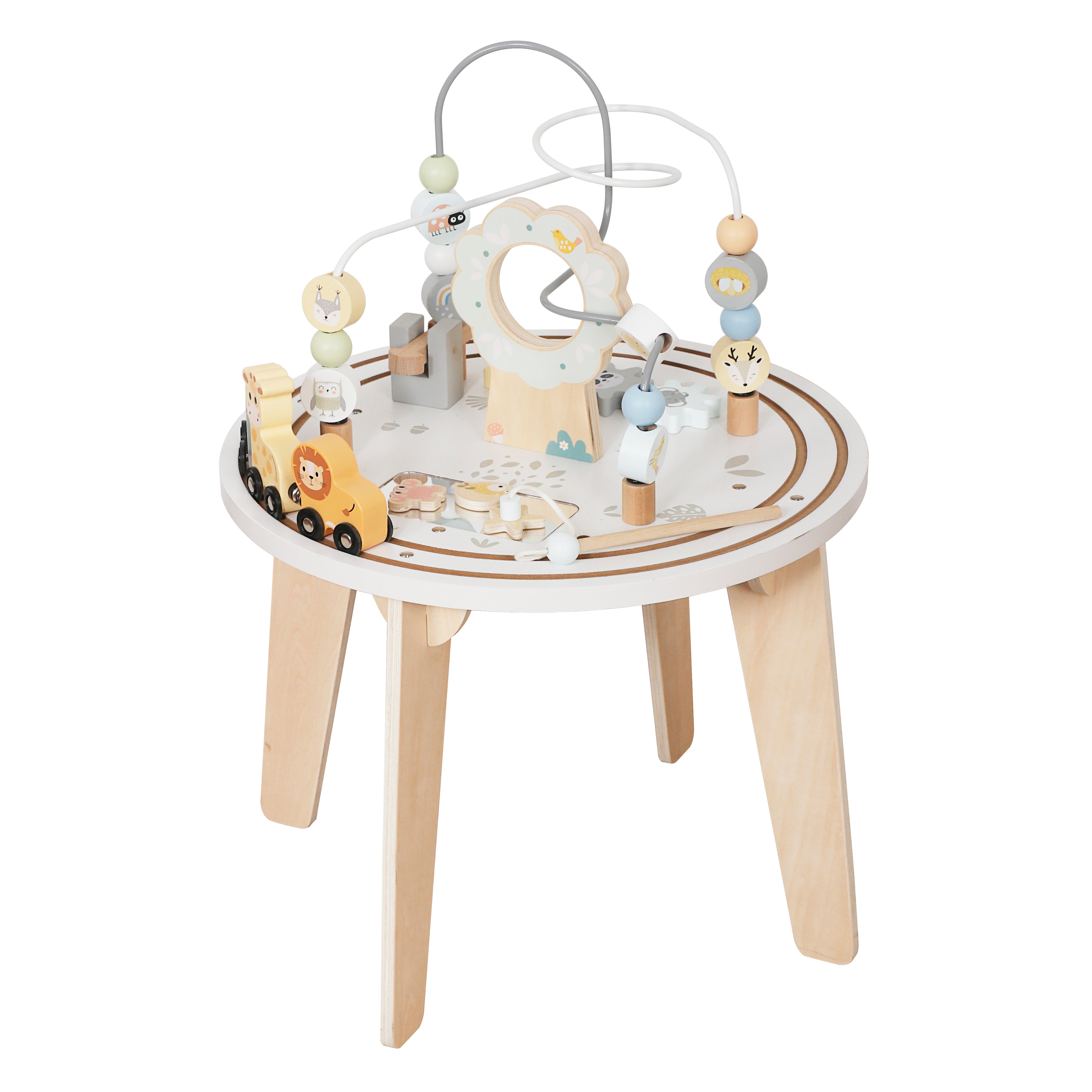 שולחן פעילות עם גלגלי שיניים, מראה, חכה, מסלול חרוזים ורכבת חיות מעץ