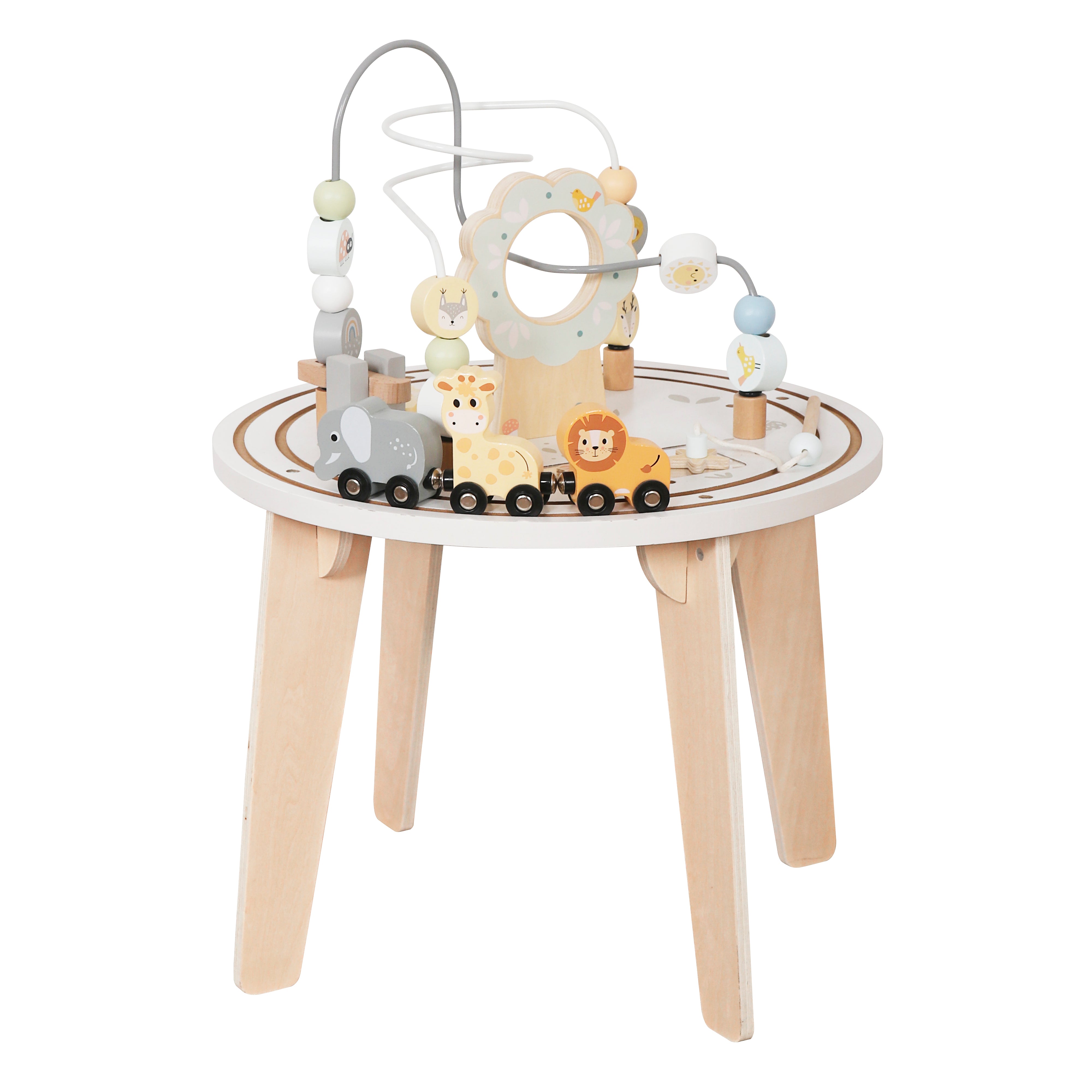 שולחן פעילות עם גלגלי שיניים, מראה, חכה, מסלול חרוזים ורכבת חיות מעץ