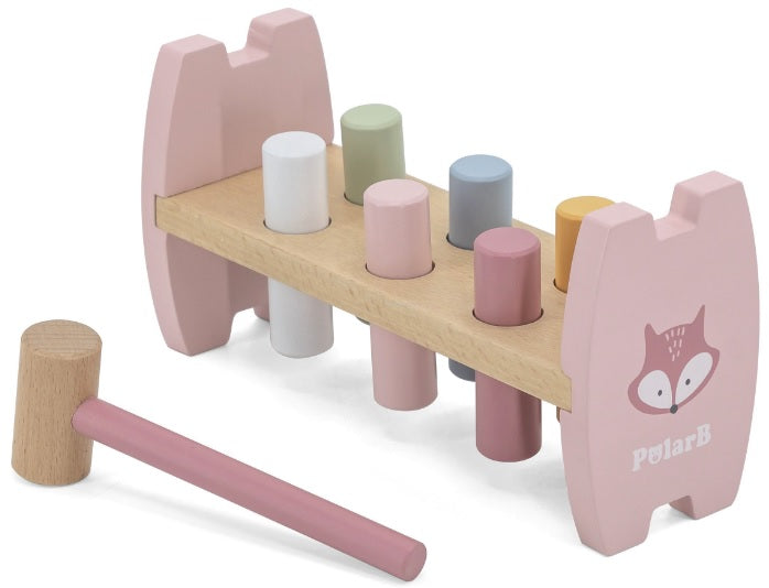 סט מגדל טבעות 6 חלקים + הך פטיש 6 פינים עם פטיש מעץ מלא - שועל ורוד