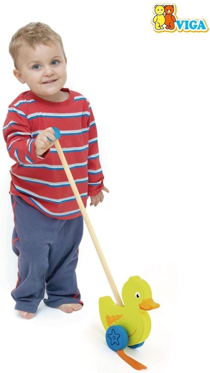 צעצוע דחיפה לעידוד הליכה עם מקל מעץ - ברווז