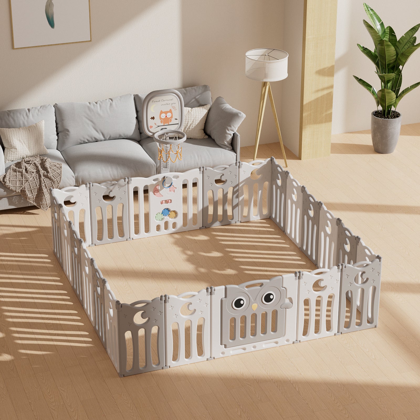 גדר פעילות מתקפלת לילדים ותינוקות מידה XXL - (216X216 ס"מ) - דגם ינשוף בצבע אפור