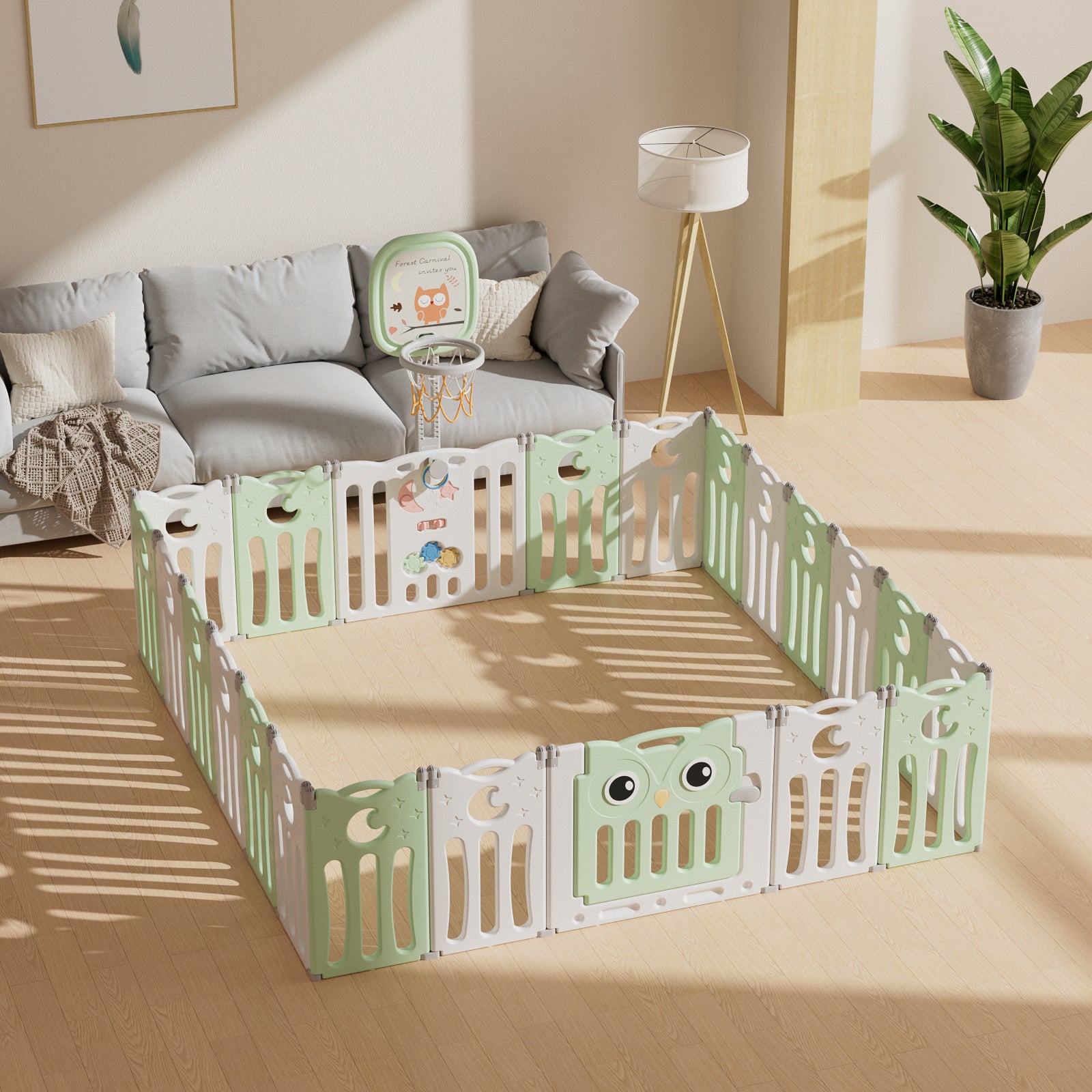 הזמנה מוקדמת - גדר פעילות מתקפלת לילדים ותינוקות מידה XXL - (216X216 ס"מ) - דגם ינשוף בצבע ירוק