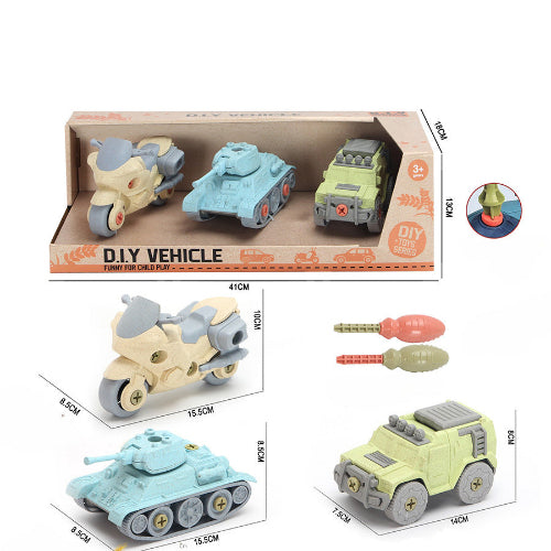 מארז רכבים להרכבה DIY - טנק, ג'יפ ואופנוע