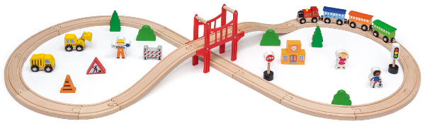 רכבת עם מסילות מתפצלות וסט איבזור מעץ מלא