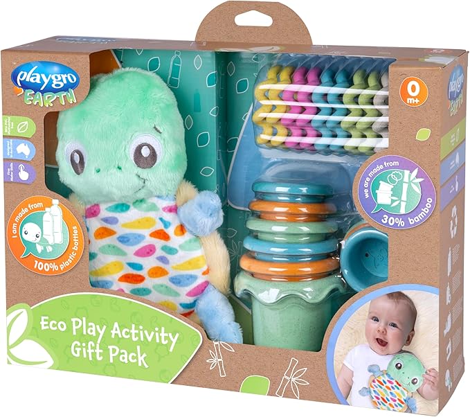 מארז צעצועים אקולוגיים לתינוק - בובת צב, מגדל כוסות וטבעות משחק