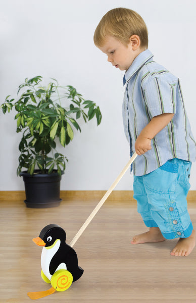 צעצוע דחיפה לעידוד הליכה עם מקל מעץ - פינגווין