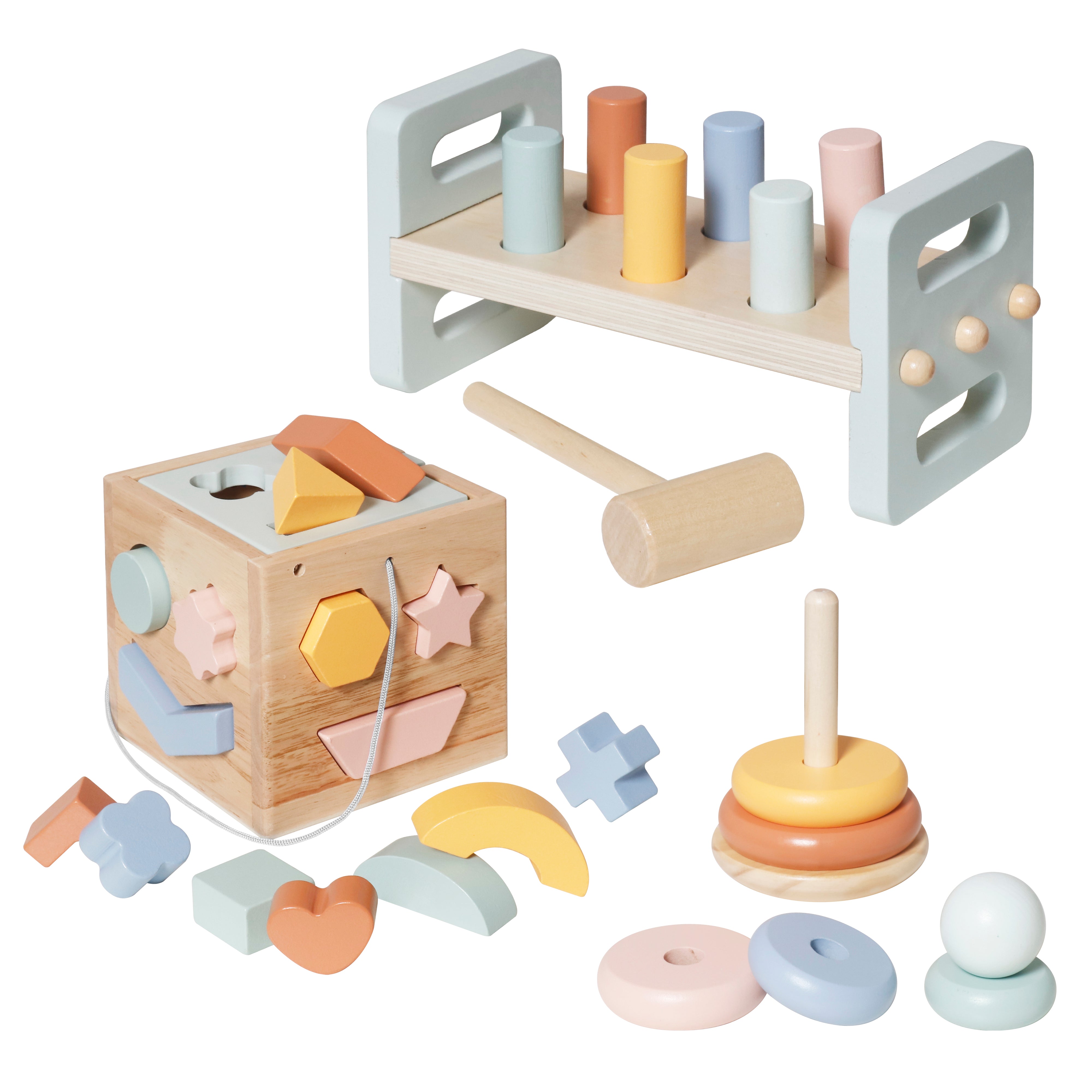סט 3 צעצועי התפתחות הכולל הך פטיש, מגדל טבעות וקוביית פעילות להשחלת צורות מעץ