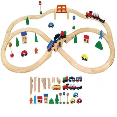 רכבת עם מסילות מתפצלות וסט איבזור מעץ מלא