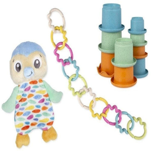 מארז צעצועים אקולוגיים לתינוק - בובת פינגווין, מגדל כוסות וטבעות משחק