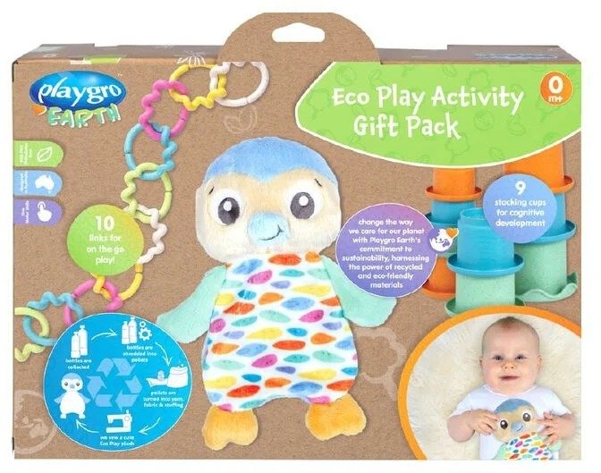 מארז צעצועים אקולוגיים לתינוק - בובת פינגווין, מגדל כוסות וטבעות משחק