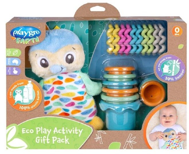 מארז צעצועים אקולוגיים לתינוק - בובת פינגווין, מגדל כוסות וטבעות משחק