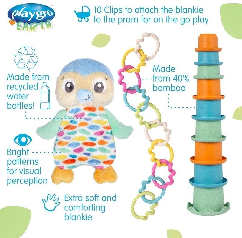 מארז צעצועים אקולוגיים לתינוק - בובת פינגווין, מגדל כוסות וטבעות משחק